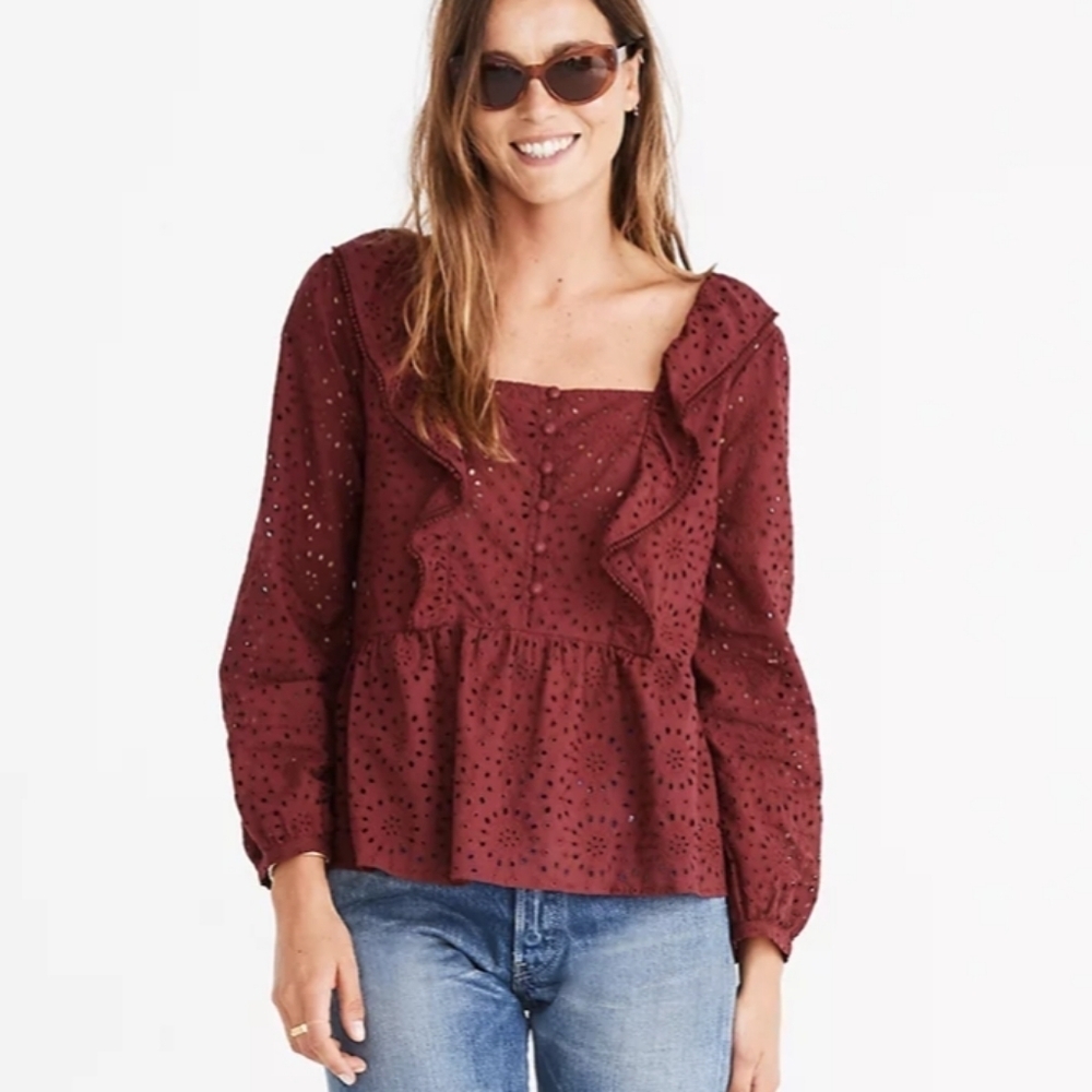 ❤️ MADEWELL EMBROIDERED COTTON EYELET RUFFLE PEASANT TOP, XS